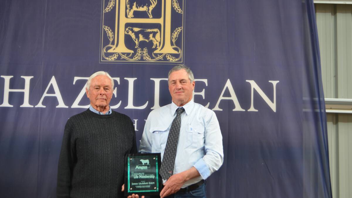 James Litchfield OAM honoured by Brad Gilmour, Angus Australia chair with honorary life membership of Angus Australia in September 2019.