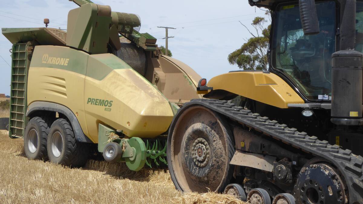 Krone Premos 5000 in-field straw pelleting machine - being assessed by a farmer group west of Ballarat, during Jan 2020. Photo: Andrew Lang
