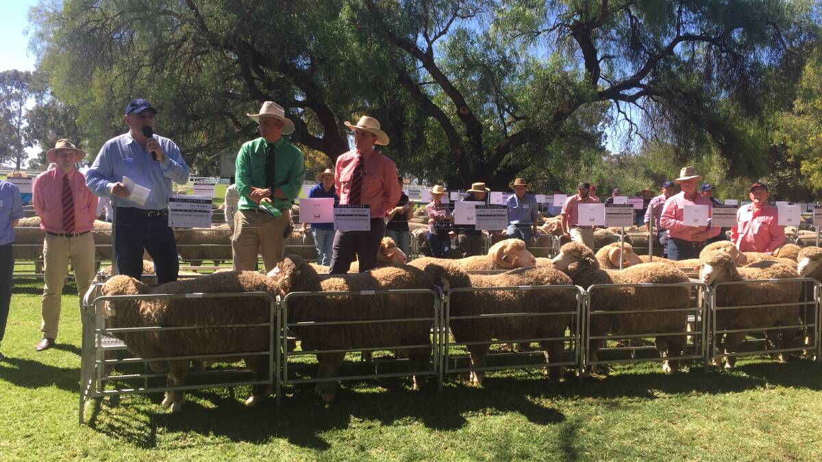 Alastair Provan, Australian Food and Agriculture, Boonoke, Conargo opening the annual ram sale while auctioneers Peter Godbolt, Nutrien studstock and Nick Gray, Elders, look on.