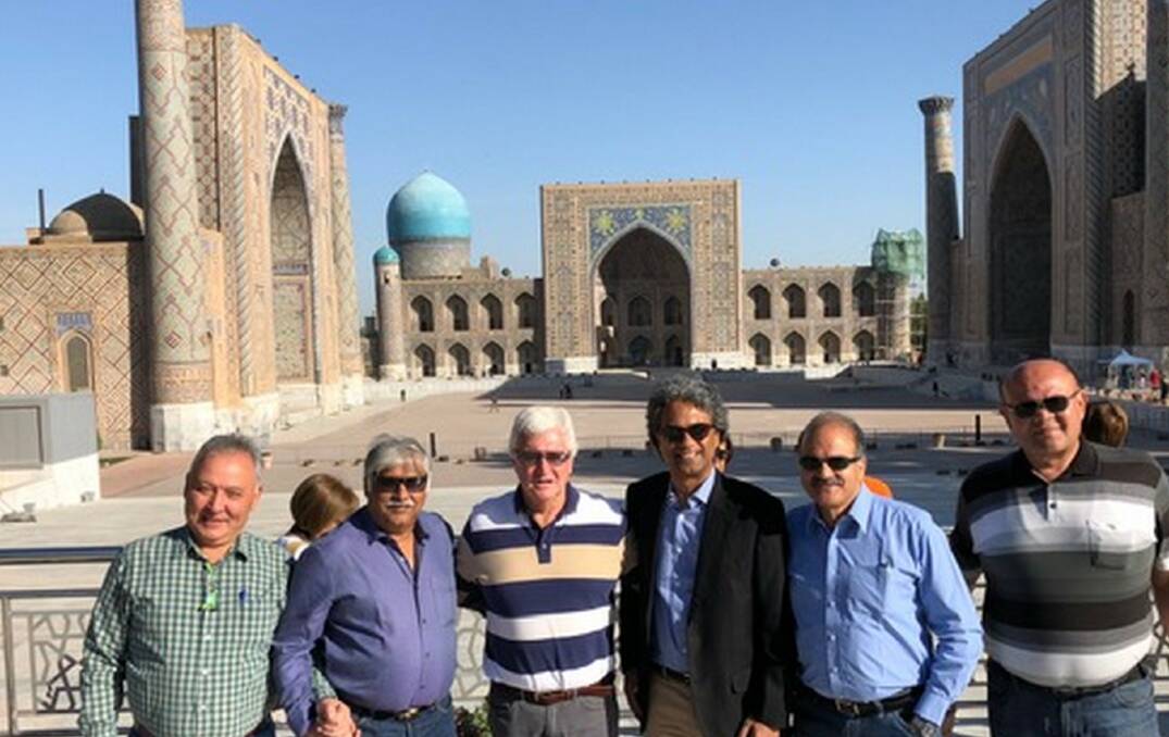 Peter Corish (third from left) with some of the international contingent involved in the Indorama project's management in front of a mosque in Muslim Uzbekistan.