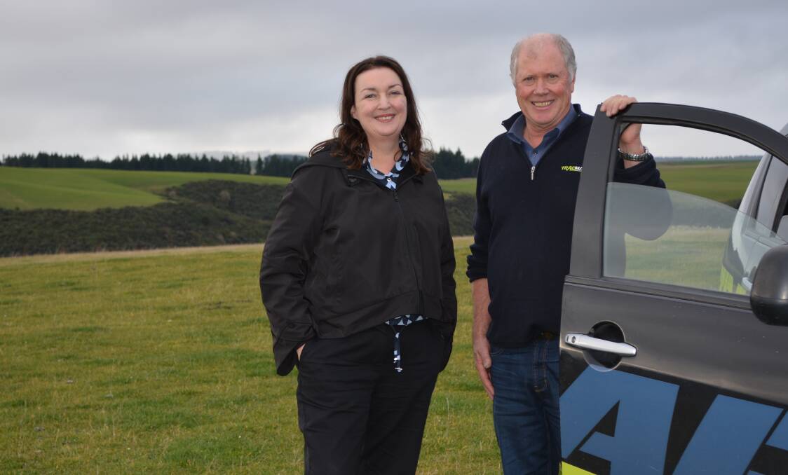 New Zealand Trade and Enterprise business adviser, Cathy Wansink, in the Otago region with Gerald Harrex, a co-founder of farm machinery guidance and job management equipment maker, TracMap, which exports to Australia.
