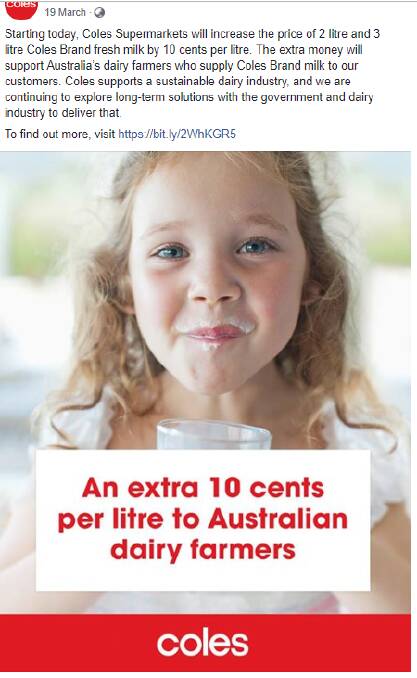 A sample of the extensive marketing Coles ran to promote its 10c price increase going to drought-hit dairy farmers. 