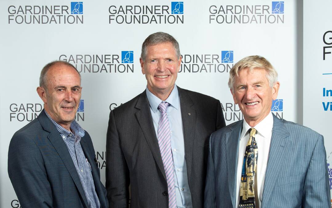 New Gardiner Foundation chairman Dr Len Stephens with chief executive officer Dr Clive Noble and retiring chairman Dr Bruce Kefford.