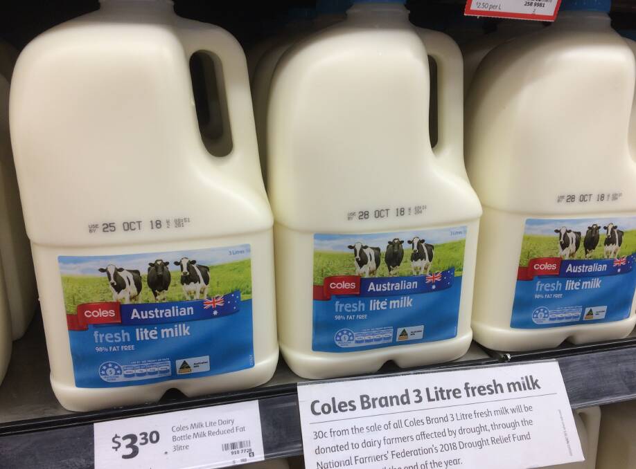 Coles three-litre house brand milk attracted a 30 cent levy to help farmers in drought until December 31.
