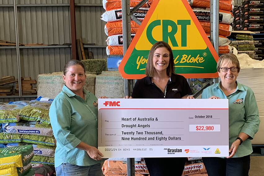 Alpha Merchandise representatives, Rachel Byce, Cassia Ferguson and Judy Acutt with the CRT-FMC funds for drought relief. 
