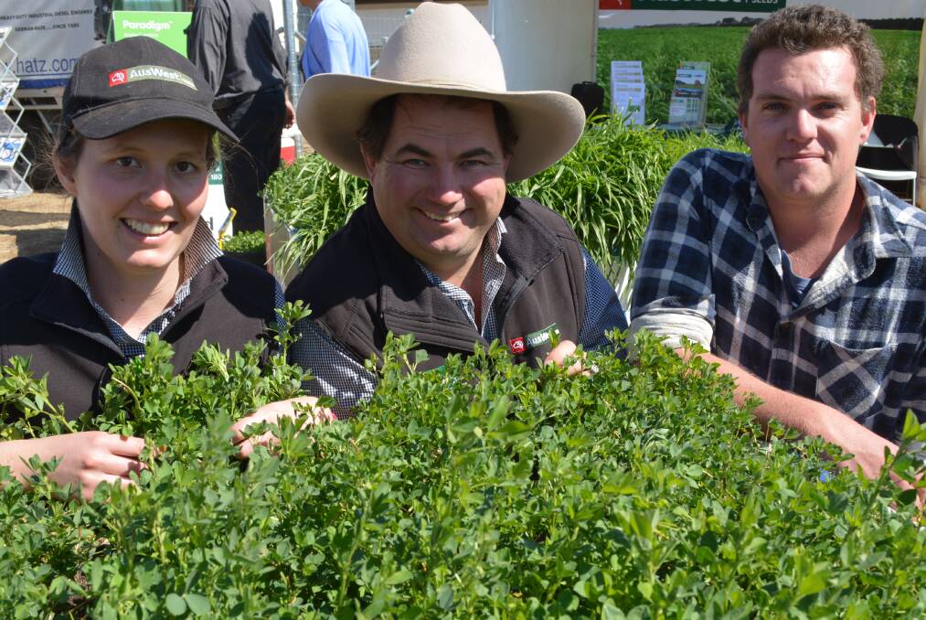 AusWest Seeds representatives, Sarah Baker, Forbes and Aaron Kemp, Armidale getting a feel for fodder demand at last month's AgQuip field days, Gunnedah, with NSW Mid North Coast Limousin beef producer, Jarred Longworth, Kundle Kundle, via Taree.