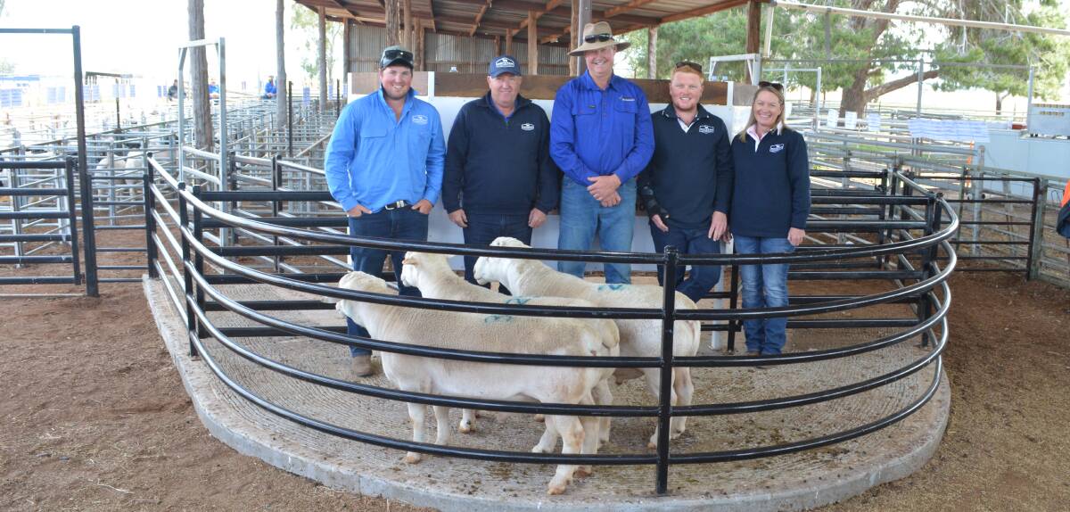 Wicus Cronje of Burrawang with repeat stud buyers Jack, Gary, Thomas and Stacey Cullinan of Dust N Rain Dorpers, Carstairs Station south of Pooncarrie. 
