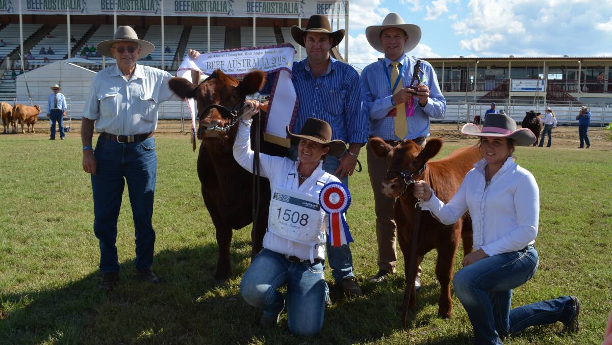 David McDonald, Tarcutta, NSW, and owner Andrew Kennedy, Cowra, NSW, sashes the grand champion Red Angus female held by Christie Kennedy, Cowra, with judge Berry Reynolds, and calf handler Chloe Janic. 