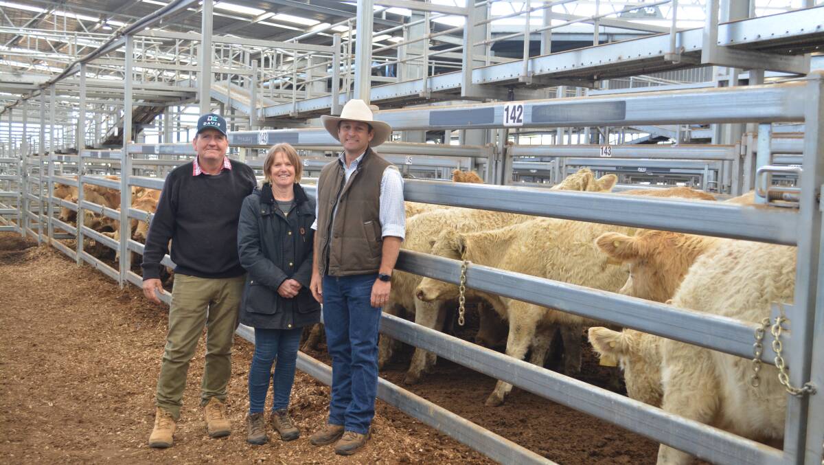 Tim and Sue Davis of Mount Boo, Willow Tree, with Ben Noller, Palgrove. The Davis' purchased a total of 36 Palgrove Pastoral females including a pen of 16 purebred Charolais NSM yearling heifers for $2225/hd at Scone on Friday.
