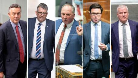 FRONT RUNNERS: (From left) Darren Chester, Keith Pitt, Barnaby Joyce, David Littleproud and Michael McCormack are all in the running for the Nationals leadership.