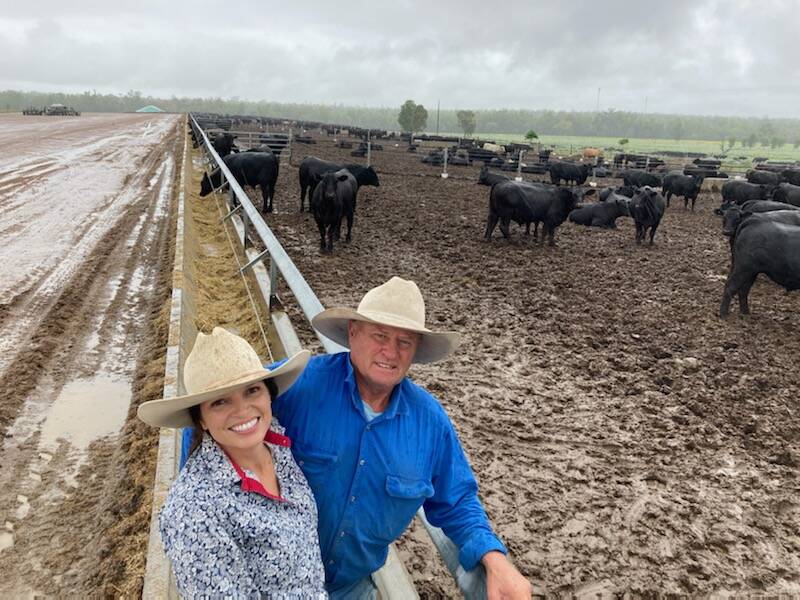 Sharon Purcell and Cam Colley, pictured at Brucedale Feedlot, Roma, sold 18 Charolais bullocks weighing 691 kilograms for 455c/kg to return $3144/hd.