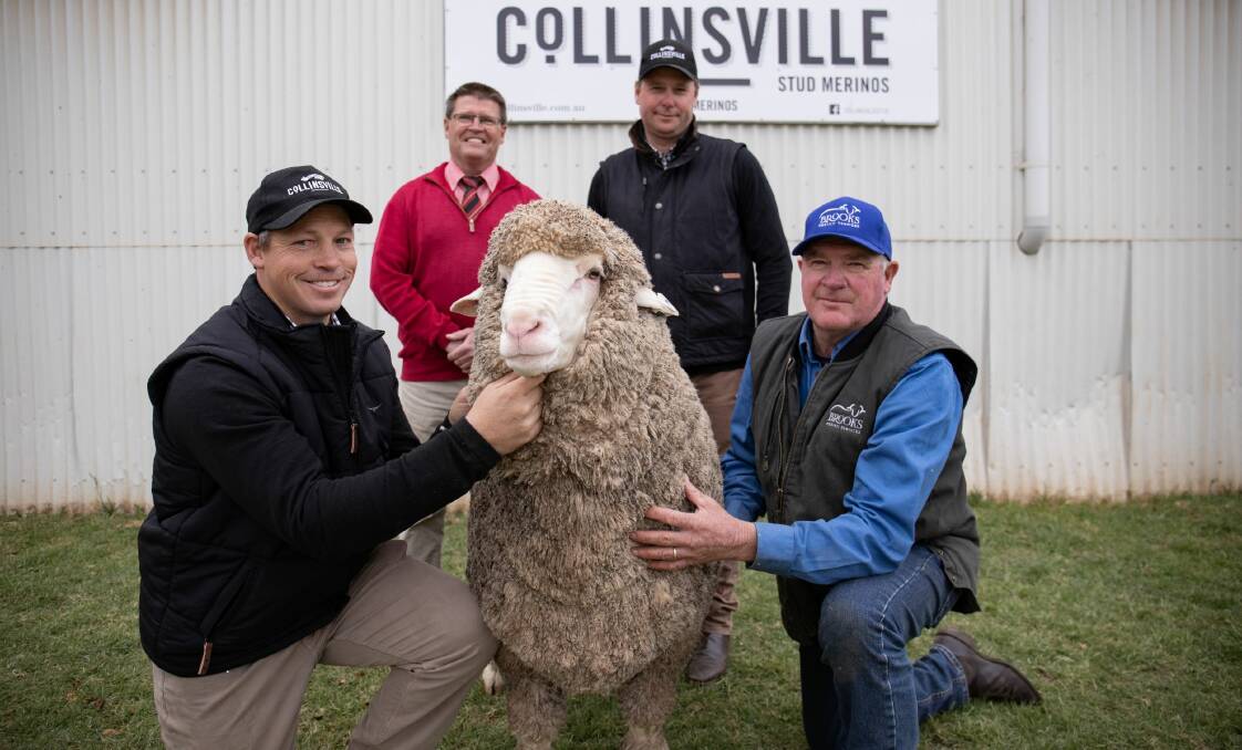 Collinsville general manager Tim Dalla (holding the $88,000 ram) with Elders auctioneer Tony Wetherall, Collinsville stud principal George Millington and Brooks Merino Services' Tony Brooks who bid on the sale topper for the two NSW studs. Photo: Tegan Buckley, Mallee Marketing