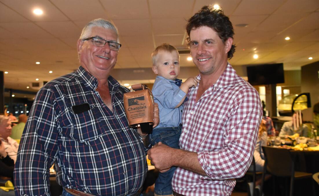 Henry Pisaturo, Tamworth, NSW (pictured with his son James and grandson George, Veejay Downs stud, Dingox) paid $5000 for the anniversary bell - one of only 12 produced with Kent Saddlery. Picture by Catherine Miller