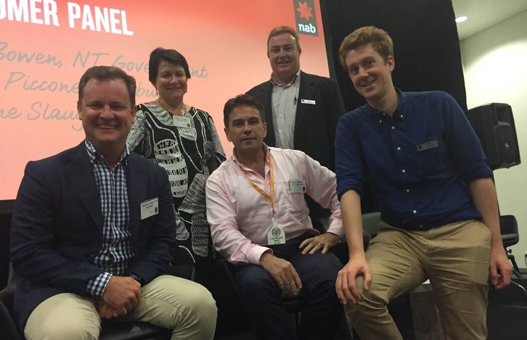 Austrex's Justin Slaughter, Manbullo's Marie Piccone, the NT Government's Luke Bowen and NAB's Mark McNamara and Phin Ziebell talk export markets at a forum in Darwin.