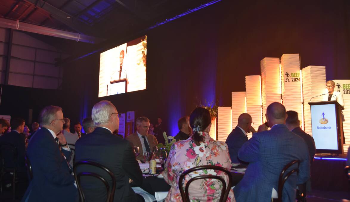 Tracey Hayes delivering her powerful speech at a Beef Australia dinner with Prime Minister Anthony Albanese in the audience. Picture Shan Goodwin.
