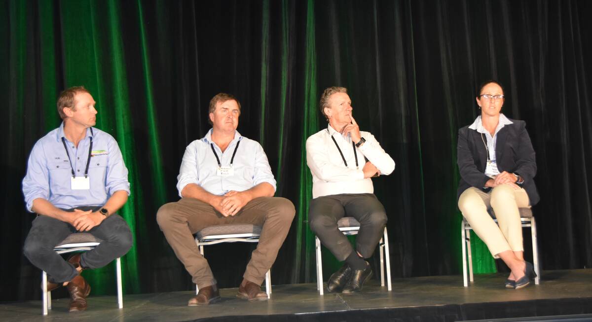 Panelists speaking about sustainability at MLA Updates in Bendigo Tasmanian beef producers Iain Bruce, NSW prime lamb seedstock producer Tom Bull, MLA director Jack Holden and MLA's Sarah Strachan.