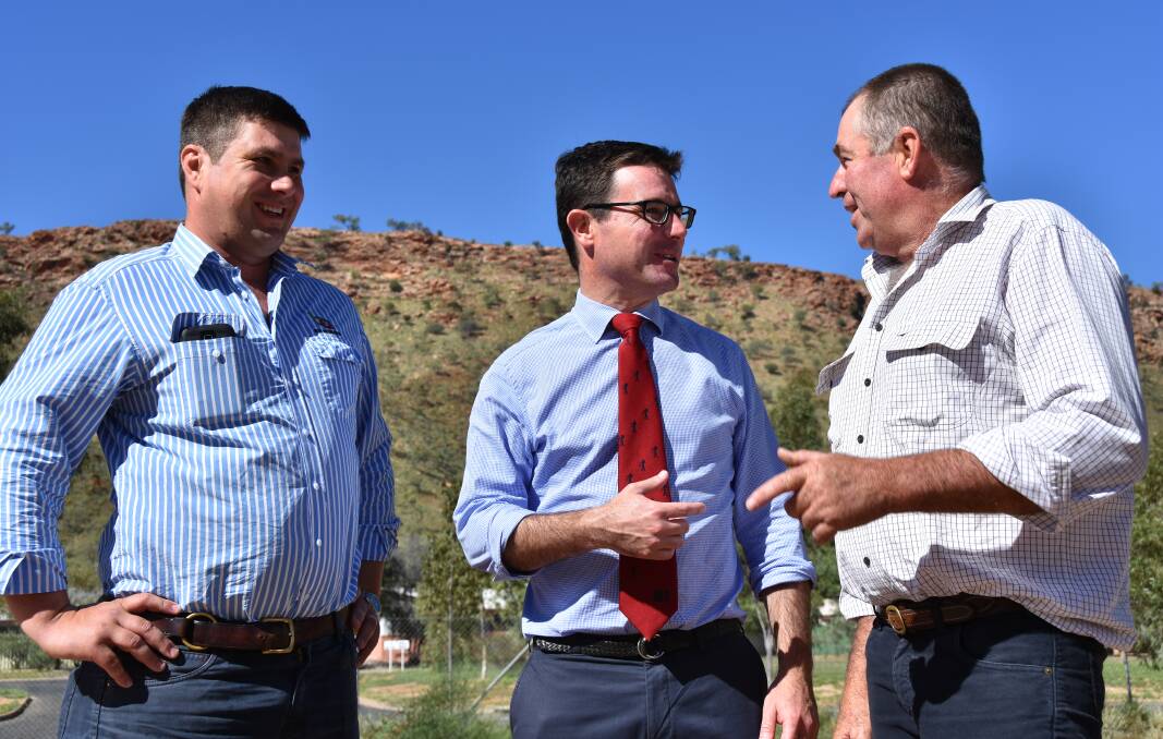 Federal Agriculture Minister David Littleproud in Alice Springs this week, talking with beef consultant Ian McLean, Queensland, and new president of the Northern Territory Cattlemen's Association Christopher Nott.