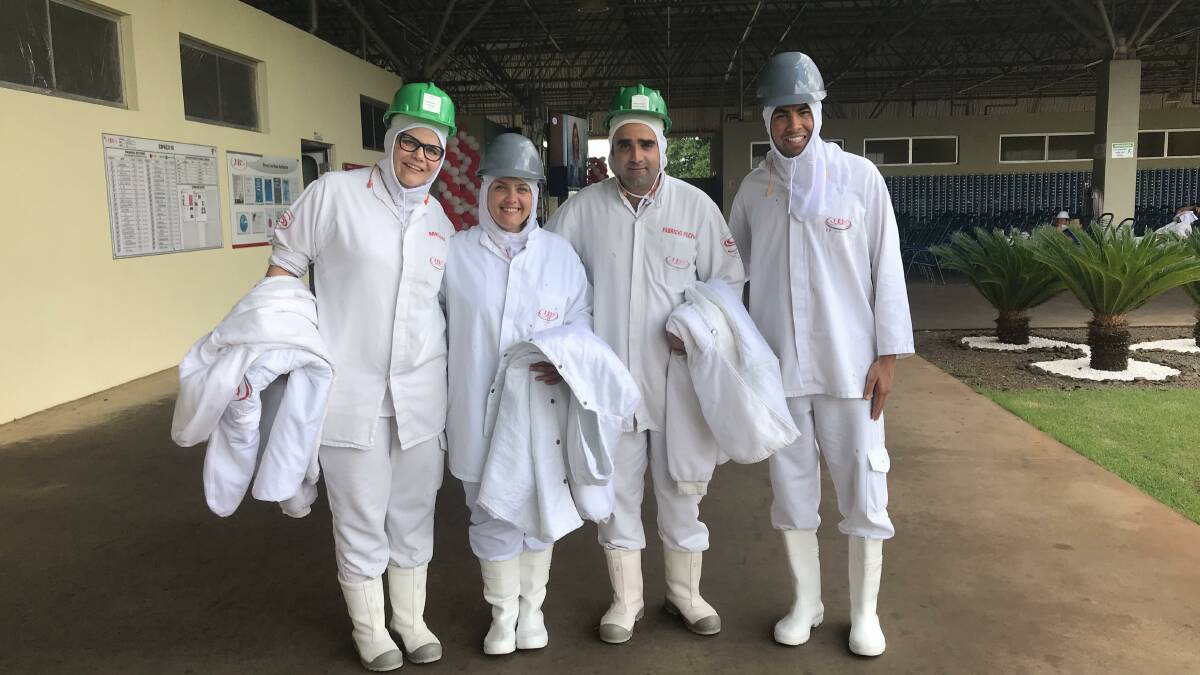 Kirsty McCormack at JBS' Campo Grande plant II in Brazil, with the facility's quality assurance manager, plant manager and head of animal welfare. 