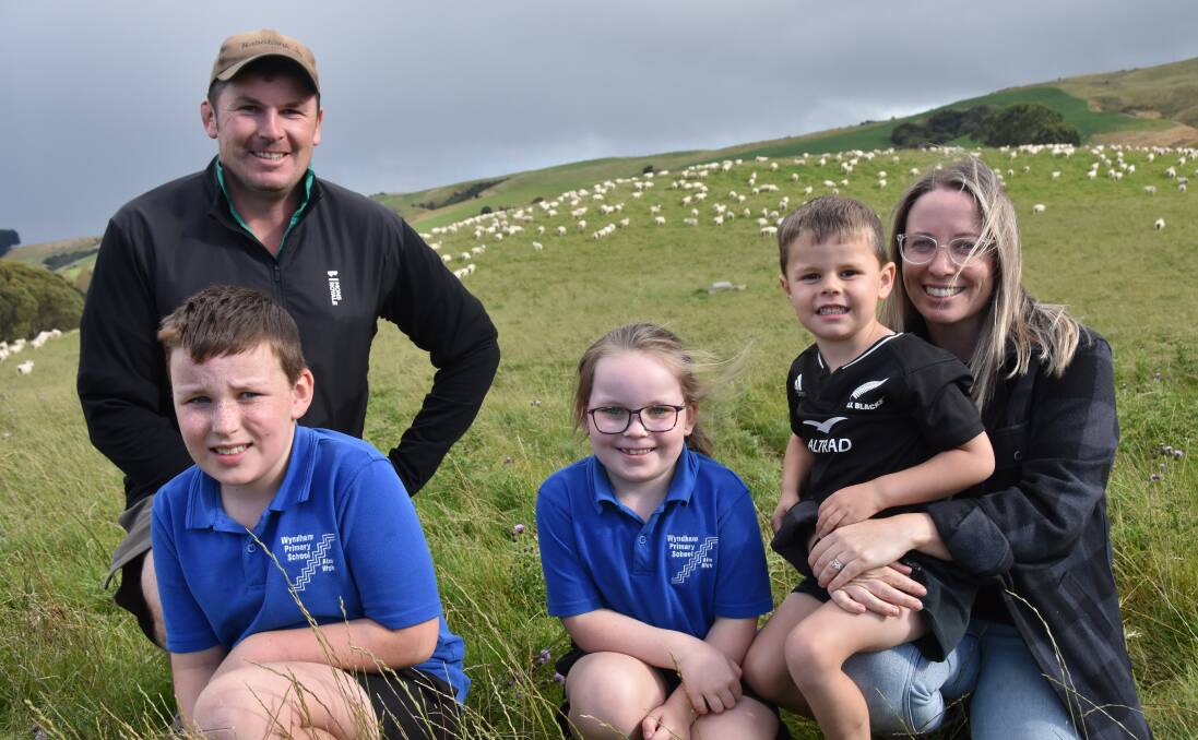 New Zealand sheep, cattle and dairy farmers Dean and Sarah Rabbidge with Ted, 9, Ida, 7, and Ray, 4. Picture Shan Goodwin.