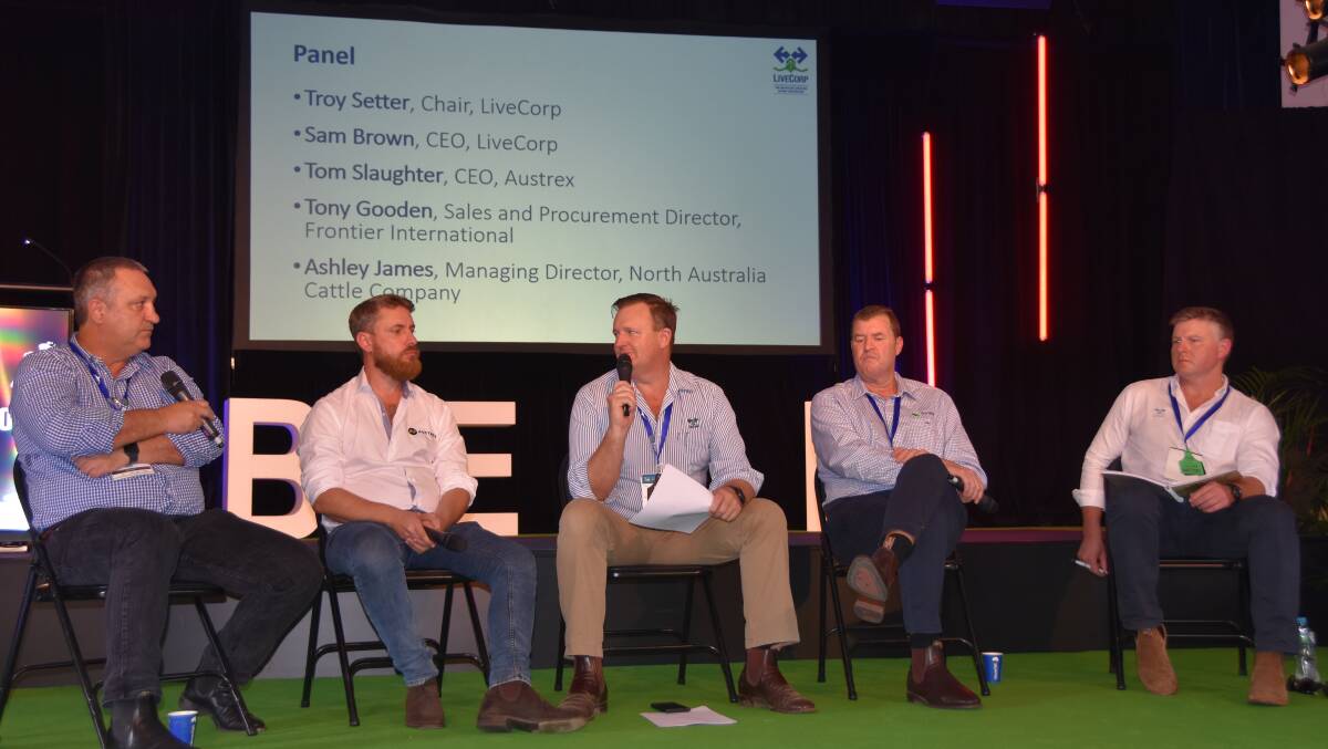 ON STAGE: LiveCorp chairman Troy Setter, centre, hosts a panel discussion featuring North Australian Cattle Company's Ashley James, Austrex's Tom Slaughter, Frontier's Tony Gooden and LiveCorp chief exectuive officer Sam Brown at Beef Australia.