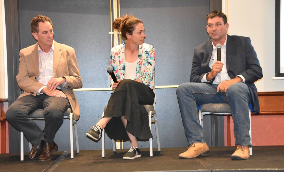 Cattle breeder Will Wilson speaking at Cattle Australia's forum in Albury. With him is Highland Beef Pastoral's Murray Richardson and NSW producer Felicity Anderson.