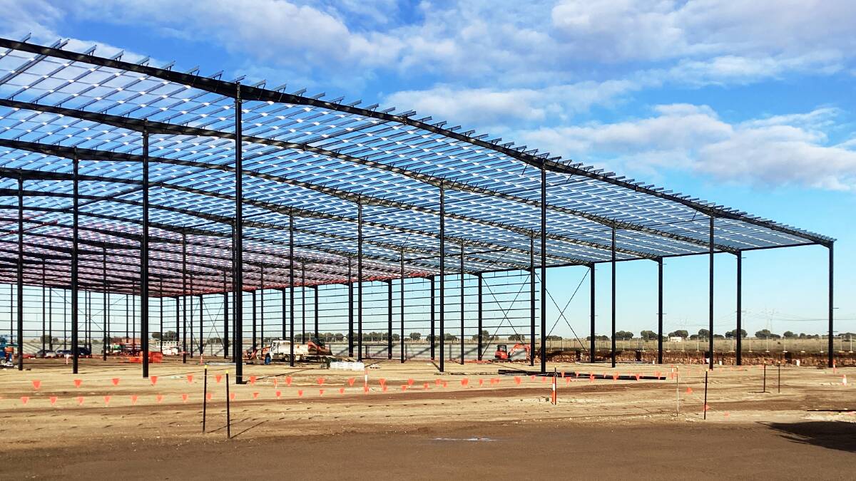 UP SHE GOES: The steel framework is in place for Elders new wool handling hub at Ravenhall. Picture: Elders.