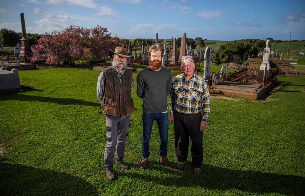 COMMUNITY ACTION: Illowa Rabbit Action Group members David Handscombe, Rick Middag and Ross Dawson at the Tower Hill Cemetery in western Victoria. Picture: Warrnambool Standard.
