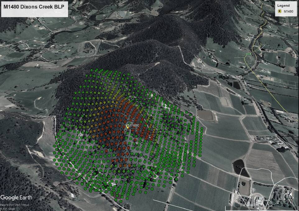 RIGHT: An aerial map showing how Optus infrastructure at Dixon's Creek, Victoria, is assessed for fire threat or building loss potential. Graphic: CSIRO and Google Earth.
