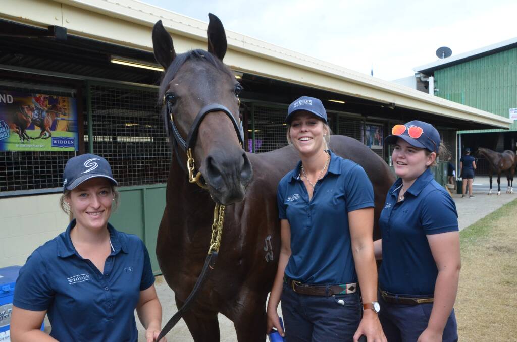 Shelby Cox, Zoe Baylis and Amory Merrick from the famed Widden Stud, Widden Valley, making sure the Sebring/Solar Charged colt is ready for his sale ring appearance at the Magic Millions Yearling Sale. Photo Virginia Harvey. 