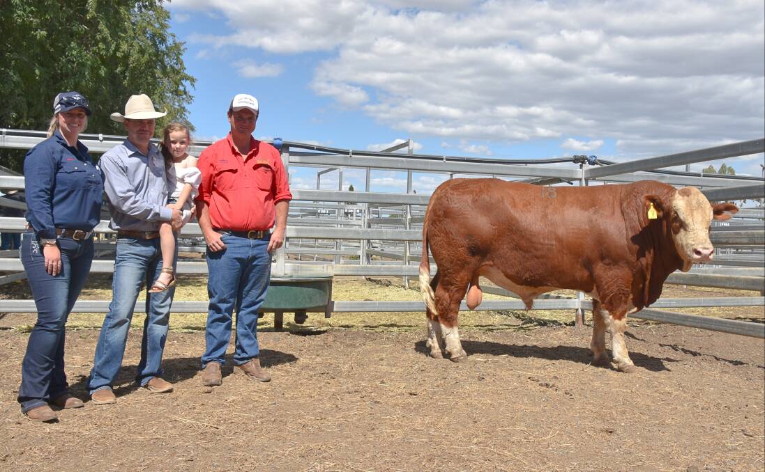 Emily Brassington, Biarra Valley, with buyer Sean Dillon, Surbiton Station, Alpha, and daughter Kacee Dillon, alongside Gareth Laycock, Biarra Valley, and top priced bull Biarra Valley Platinum (P) who sold for $22,000. 
