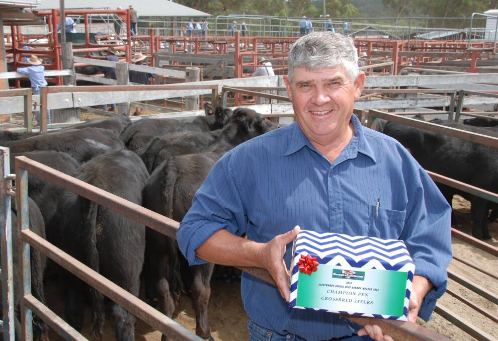 Champion Pen of Crossbred Steers winner Don Russell, Warwick Park Grazing, Liston at the Stanthorpe Blue Ribbon Weaner Sale. His Angus/Limousin-cross steers sold to 331c/kg for 368kg to return $1218/head.