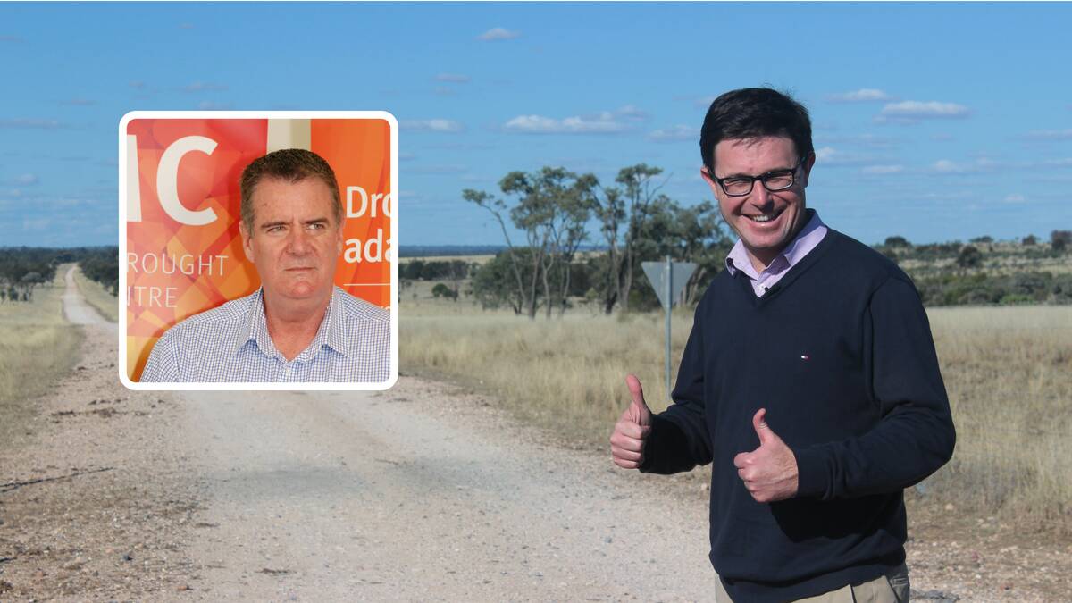 Federal agriculture minister David Littleproud gives a thumbs up after announcing $9 million in wild dog management and weed control funding for drought affected areas of Queensland with an inset picture of Queensland agriculture minister Mark Furner.