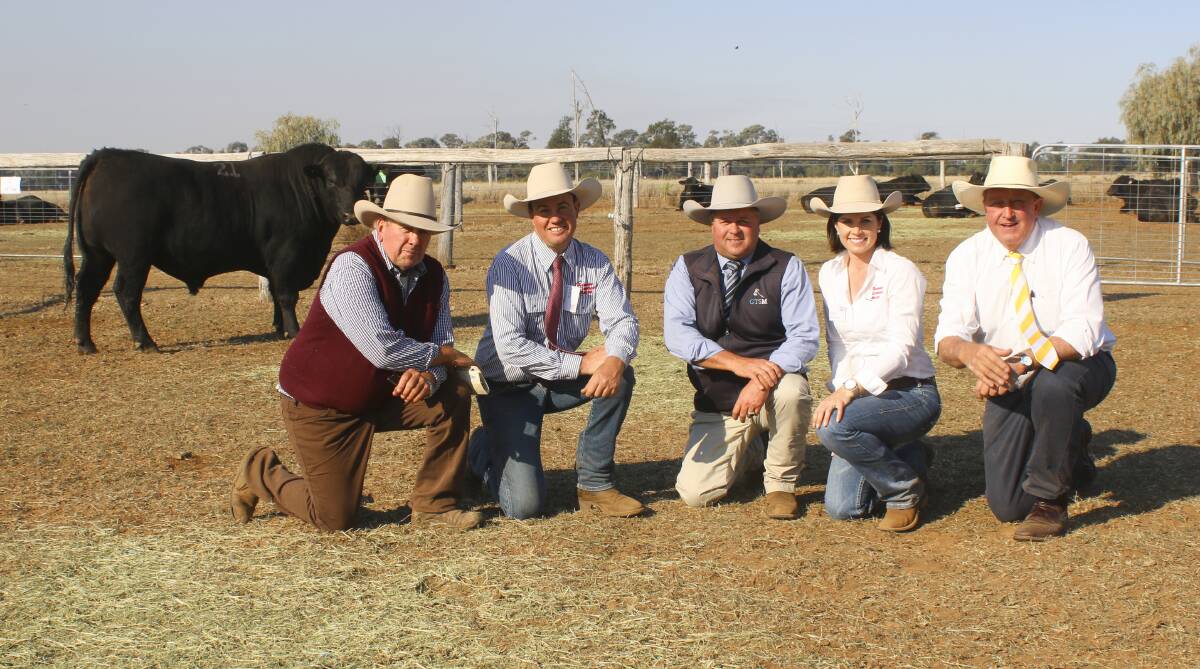 The $17,000 top priced bull was lot 21, Glenoch-JK Minister M640. Purchaser Greg
Peck, Purtora, Blackall is pictured with vendors Justin and Kate Boshammer, JK
Cattle Company, Condamine, Michael Glasser, Glasser Total Sales Management,
and Roger Lyne, Ray White Eastern Rural, Dalby.