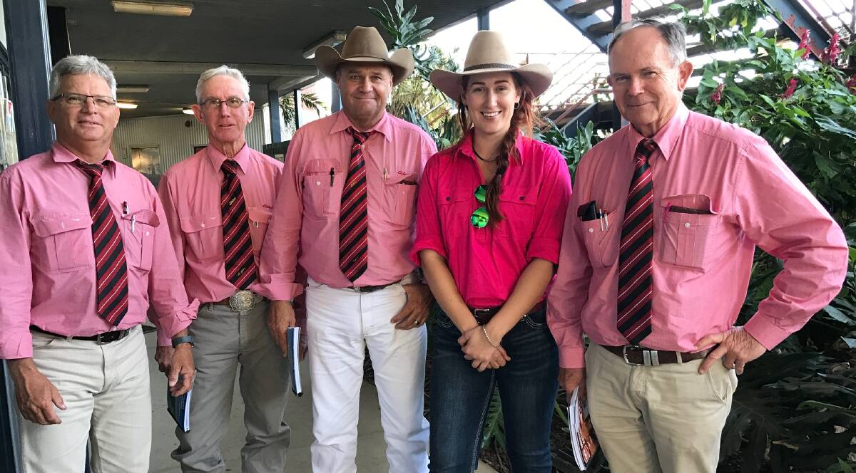 'Fair Crack for our Farmers' Jillaroo Jess with Elders Stud Stock team who donated some sales commissions on some bulls during the Droughtmaster National bull sale to the charity fundraiser. 