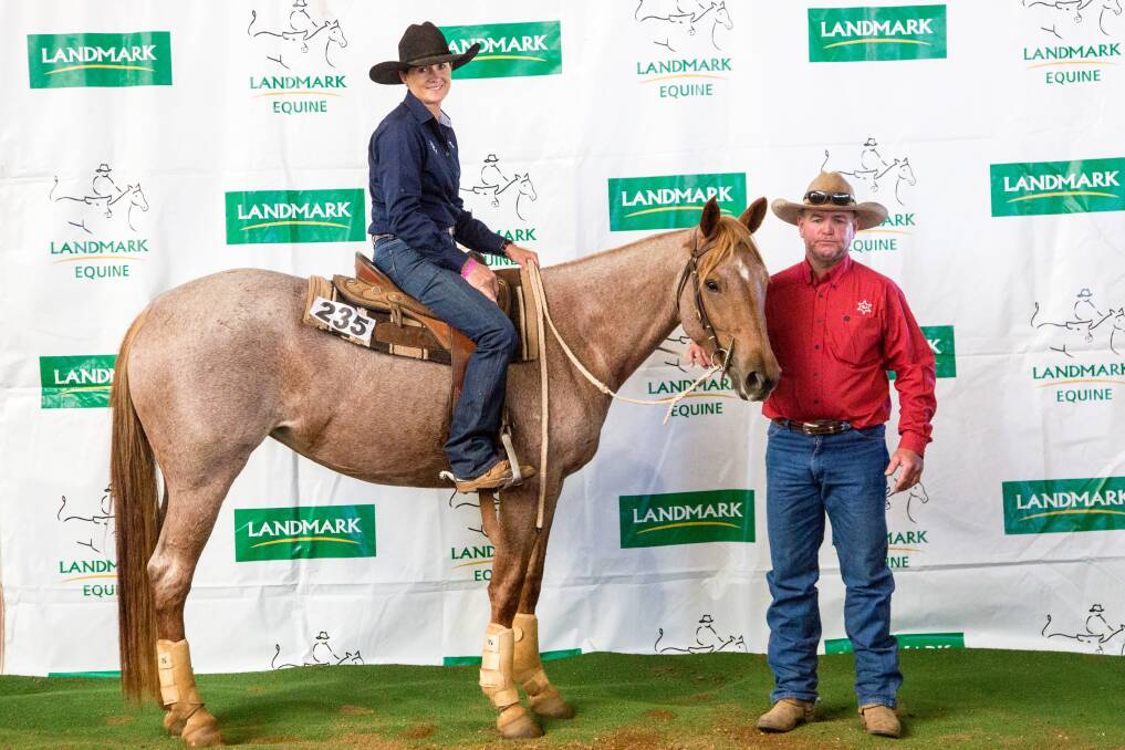 LOT 235 “Calinda Miss Leeony Jane” with Joy and Brett Pechey of St George. The mare was the top priced horse of the sale at $28,000 and was purchased by J and G Pastoral, Orange, NSW. Photos supplied by Wild Fillies Photography.