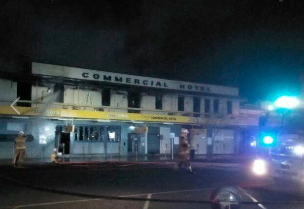 Mary’s Commercial Hotel in Dalby has been destroyed by fire overnight. Photo: WIN News Toowoomba.