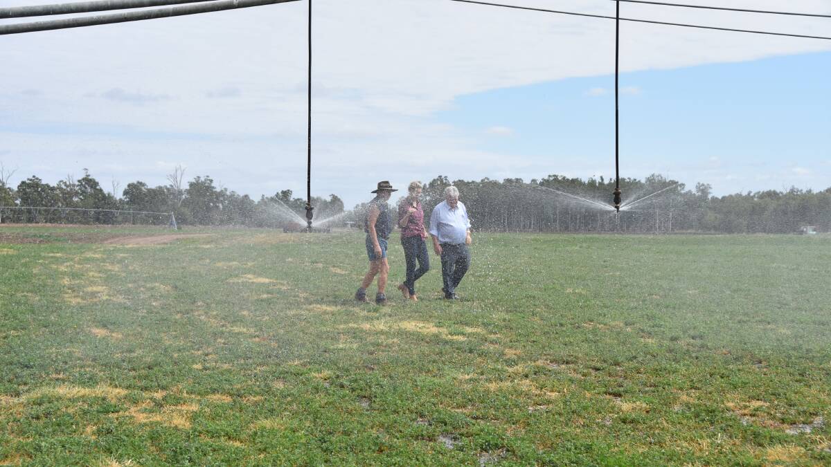 Farmer Mick Zimmermann inspects his irrigated lucerne crop with senator Bridget McKenzie and federal member for Flynn Ken O'Dowd on Thursday.