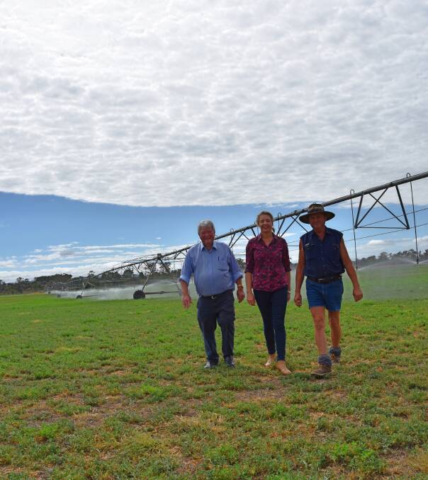 Federal member for Flynn Ken O'Dowd, senator Bridget McKenzie and lucerne farmer Mick Zimmermann inspect the farm's water irrigated fodder crops. 