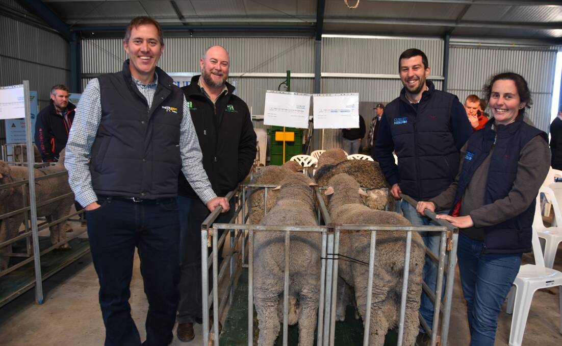 Mark Ferguson and Darren Gordon, Nextgen Agri, together with Curlew Merinos principals Bernie and Elise Kealy, who run the stud together with their father Tony.