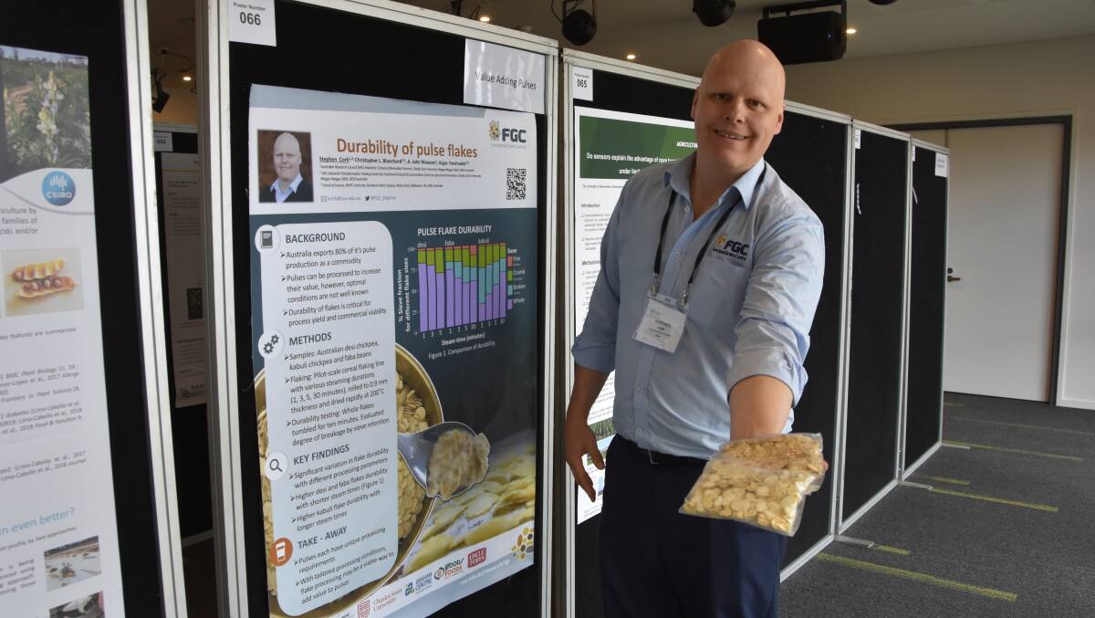 Stephen Cork, Charles Sturt University, with a sample of the pulse flakes his team has managed to make from common pulse crops such as faba beans and chickpeas.