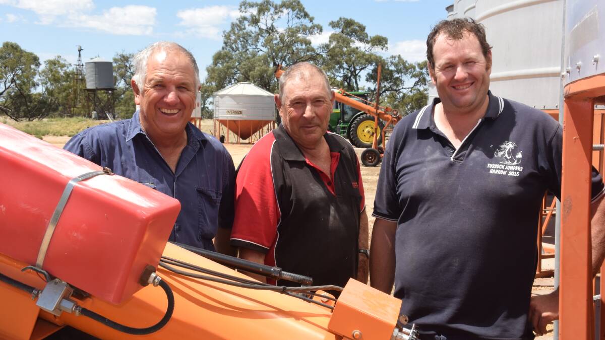 Bernard Lindsay, Max Golder and Brad Jenkinson have recorded excellent harvest results on Mr Lindsay’s property at Lah, north of Warracknabeal, this year.