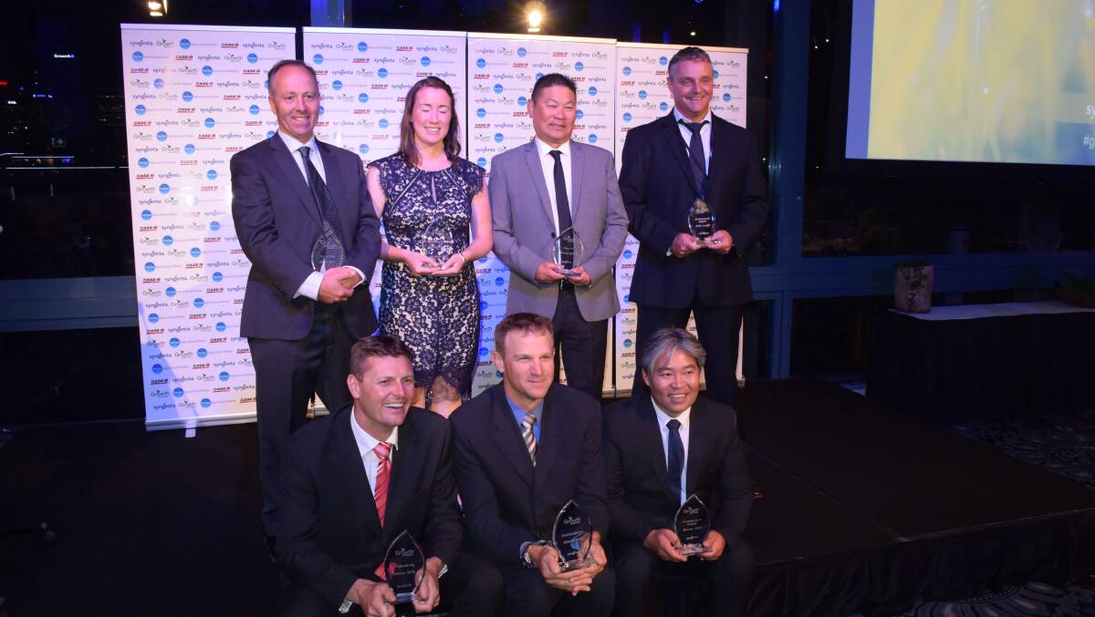 The overall winners of the Syngenta Growth Awards: from the back Mic Fels, WA, Tayah Ryan, NZ, Allan Fong, NZ, Trevor Stead, Syngenta, on behalf of the absent Duc Nguyen. Front: David Cameron, WA, Randall Wilksch, SA and Tommy Le, Queensland. 