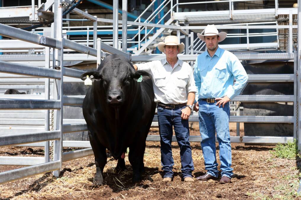 Powerful poll: Vendor Bruce Woodard and buyer Lachlan Brown, Monto. with the $32,000 second top priced bull of the 2018 sale Bonox 998 (P). Picture Kent B Ward.