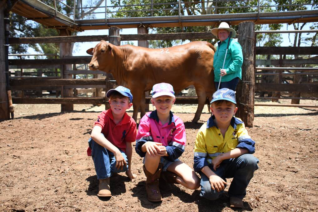 Tops in 2019: Kobi, Alexis and Kruz Coulter, AAKKA Stud, Mt Kilcoy, with Bronwyn Betts, Nindethana Droughtmasters, Camp Mountain, and the $5500 top priced heifer of the 2019 sale, Nindethana Karina (P).