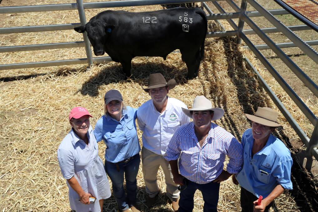 Top buy: Sara and Elle Moyle, Pathfinder Angus, Brad Baker, Elite Livestock Auctions, Roger Henwood, Aldingham, Winton, and Nick Moyle, Pathfinder Angus, with the 2017 equal top price bull of the sale, Pathfinder Genesis L583.