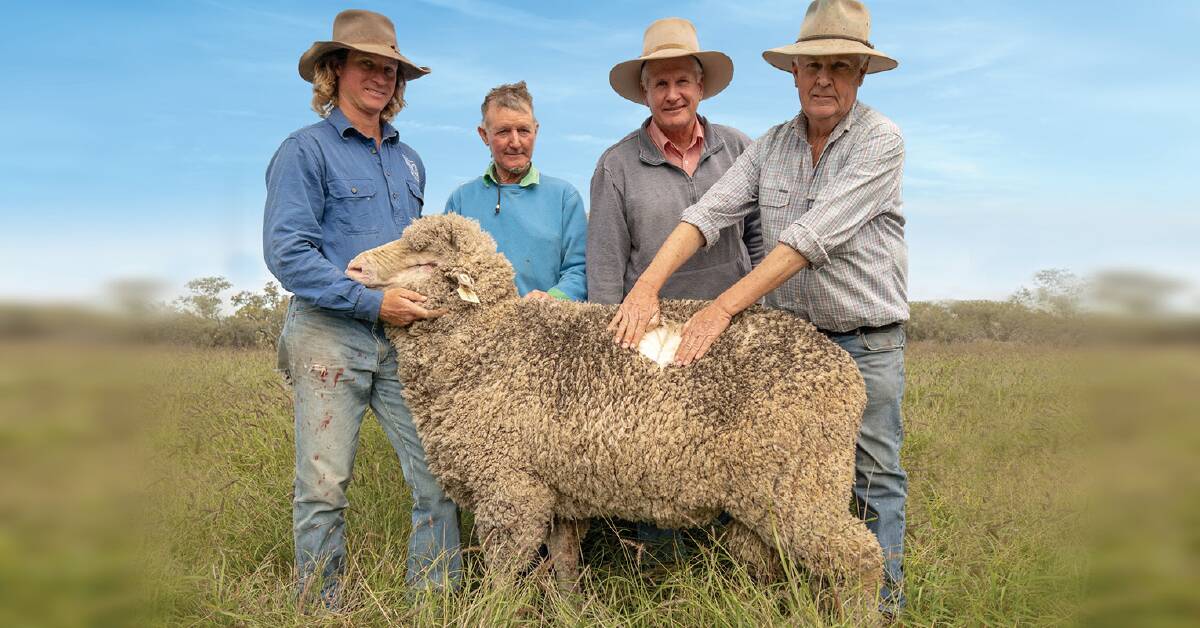 Top stock: Lansdowne's Christopher and Hume Turnbull, and Chris Bowman (far right) with Elders' Duncan Ferguson, and the 2021 Boonooke Sale's top price ram.