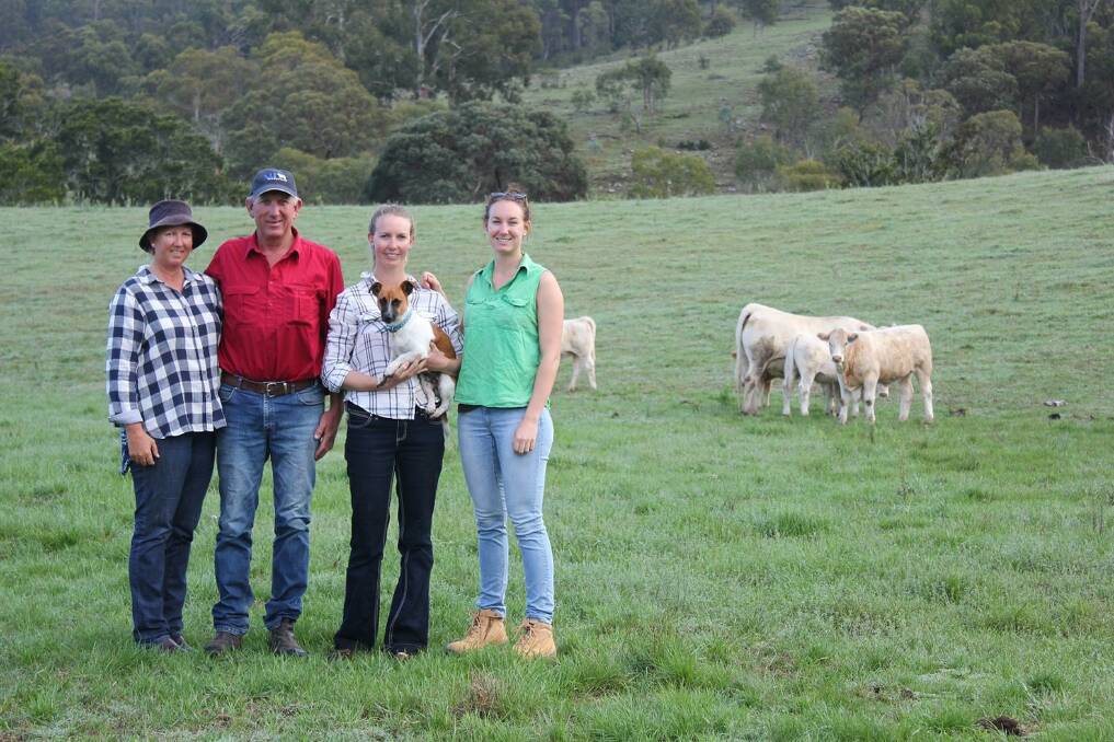 Wakefield wonders: Jenny and Greg Frizell with their daughters Lucy (holding family hound Scout) and Claire in the paddock at Wakefield in the Northern Tablelands of New South Wales with a selection of their Charolais females.