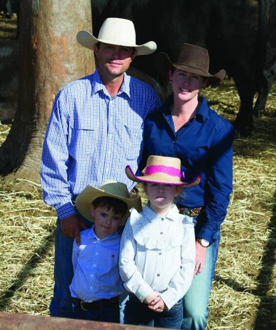 The Brown family: Commercial Brangus breeders Mark and Katrina Brown, Lancen Creek, Dululu, with their children John and Ava. Photo: Kent Ward.