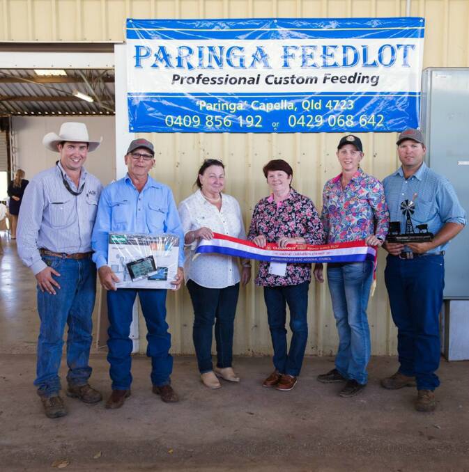 All smiles: Hoch & Wilkinson's Jake Passfield and Isaac Region Council's Lyn Jones with 2018 Clermont Beef Expo grand champion exhibit vendors Frank, Cathy Finger, Natalie and Scott Finger, Hillview, Clermont. 