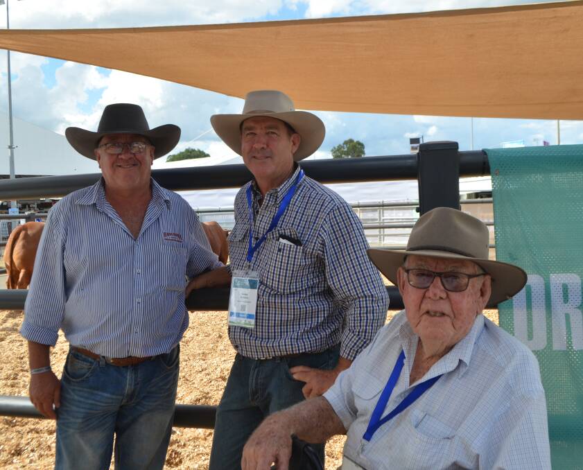 Proud father: Bruce McKenzie (far right) with his sons Andrew and Ken at the Droughtmaster site at Beef after a big day in the stud judging ring.